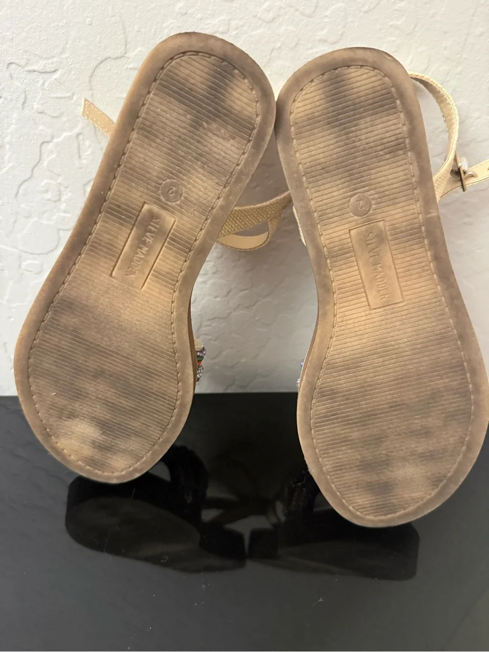 Steve Madden Beige Ankle-Strap Sandals with Multicolor Beaded Bands